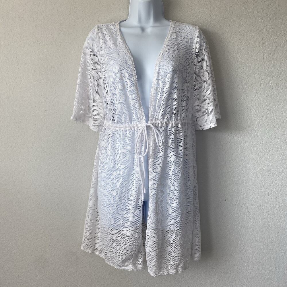 Catalina Swimwear White Short Sleeve Crochet Swim Cover Up Sz XL 16-18 Relaxed